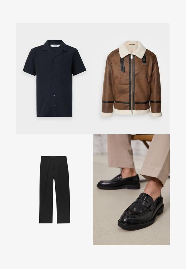 Brązowa skórzana kurtka z czarnymi akcentami i kołnierzem z wełny owczej. Posiada zamek błyskawiczny z przodu i detale na pasku na ramieniu. Teksturowana powierzchnia.; Koszula krótko rękawowa w kolorze granatowym, zapinana na guziki, wykonana z teksturowanej tkaniny. Posiada kołnierzyk, jedną kieszeń na piersi oraz sześć guzików z przodu.; Czarne spodnie o prostym kroju, wykonane z gładkiego materiału. Posiadają zakładki z przodu i pojedyncze zapięcie na guziki w pasie.; Czarne skórzane mokasyny o gładkim wykończeniu, z dekoracyjnym paskiem i kontrastowym szwem, w połączeniu z beżowymi spodniami.