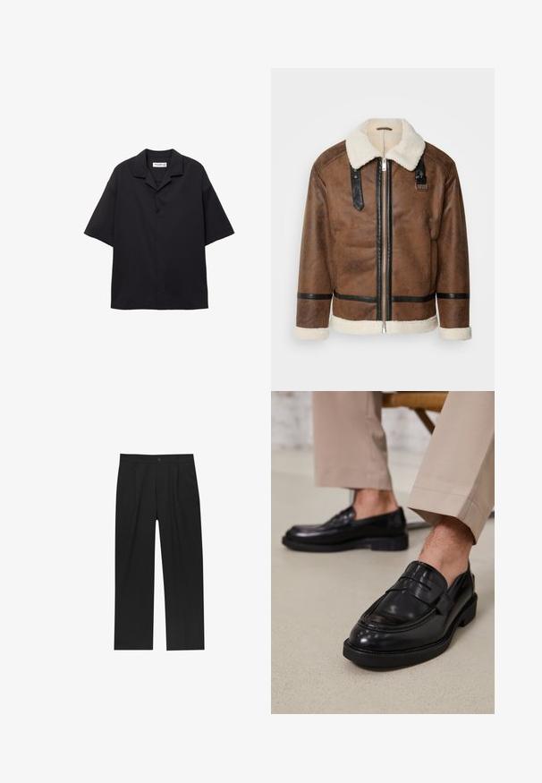Braune Lederjacke mit schwarzen Akzenten und einem Schaffellkragen. Verfügt über einen Frontreißverschluss und einen Schulterriemen. Strukturierte Oberfläche.; Kurzarmiges schwarzes Button-Up-Hemd aus glattem Stoff, mit umgeschlagenem Kragen und lockerer Passform. Verfügt über fünf Knöpfe vorne und keine Muster.; Schwarze Hose mit geradem Schnitt, aus einem glatten Stoff gefertigt. Verfügt über Vorderfalten und einen einzelnen Knopfverschluss an der Taille.; Schwarze Lederloafers mit glatter Oberfläche, ausgestattet mit einem dekorativen Riemen und Kontrastnähten, kombiniert mit beigen Hosen.
