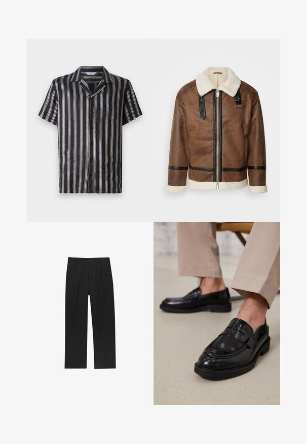 Giacca in pelle marrone con dettagli neri e colletto in pelliccia. Caratterizzata da una cerniera frontale e dettagli sulle spalle. Finitura testurizzata.; Camicia navy a maniche corte con righe verticali color crema, colletto a revers, taschino anteriore e chiusura con bottoni, realizzata in tessuto leggero e morbido.; Pantaloni neri con un design a gamba dritta, realizzati in un tessuto liscio. Presentano pieghe frontali e una chiusura a un bottone in vita.; Mocassini in pelle nera con finitura liscia, dotati di una cintura decorativa e cuciture a contrasto, abbinati a pantaloni beige.