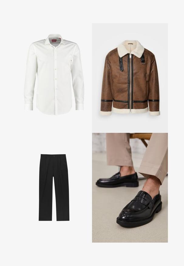 Giacca in pelle marrone con dettagli neri e colletto in pelliccia. Caratterizzata da una cerniera frontale e dettagli sulle spalle. Finitura testurizzata.; Camicia bianca a maniche lunghe con bottoni realizzata in cotone liscio. Presenta un colletto classico, patta anteriore pulita e polsini con bottone.; Pantaloni neri con un design a gamba dritta, realizzati in un tessuto liscio. Presentano pieghe frontali e una chiusura a un bottone in vita.; Mocassini in pelle nera con finitura liscia, dotati di una cintura decorativa e cuciture a contrasto, abbinati a pantaloni beige.