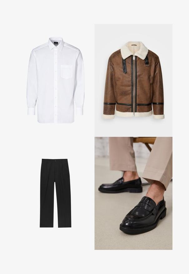 Braune Lederjacke mit schwarzen Akzenten und einem Schaffellkragen. Verfügt über einen Frontreißverschluss und einen Schulterriemen. Strukturierte Oberfläche.; Weißes Hemd mit langen Ärmeln, Knopfleiste, einer Brusttasche, klassischem Kragen und glatter Textur.; Schwarze Hose mit geradem Schnitt, aus einem glatten Stoff gefertigt. Verfügt über Vorderfalten und einen einzelnen Knopfverschluss an der Taille.; Schwarze Lederloafers mit glatter Oberfläche, ausgestattet mit einem dekorativen Riemen und Kontrastnähten, kombiniert mit beigen Hosen.