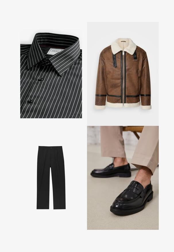 Bruineleren jas met zwarte accenten en een schapenvachtkraag. Heeft een rits aan de voorkant en schouderbanddetails. Gestructureerde afwerking.; Next REGULAR FIT WITH FINISH - Overhemd - black white stripe; Zwarte broeken met een recht model, gemaakt van een gladde stof. Voorzien van een voorplooien en een enkele knoopsluiting bij de taille.; Zwarte leren loafers met een gladde afwerking, voorzien van een decoratieve band en contrasterende stiksels, gecombineerd met beige broeken.