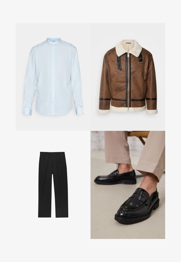 Giacca in pelle marrone con dettagli neri e colletto in pelliccia. Caratterizzata da una cerniera frontale e dettagli sulle spalle. Finitura testurizzata.; Camicia a maniche lunghe azzurro chiaro in cotone, con colletto a band e chiusura frontale a bottoni. Tessuto liscio con polsini standard.; Pantaloni neri con un design a gamba dritta, realizzati in un tessuto liscio. Presentano pieghe frontali e una chiusura a un bottone in vita.; Mocassini in pelle nera con finitura liscia, dotati di una cintura decorativa e cuciture a contrasto, abbinati a pantaloni beige.