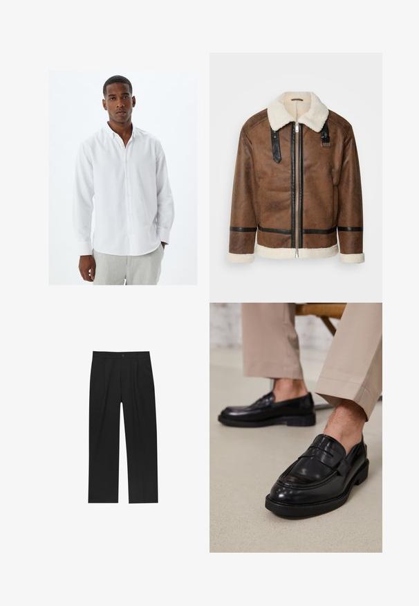 Ruskea nahkatakki mustilla yksityiskohdilla ja lämmittävällä karvatäkilla. Varustettu edessä vetoketjulla ja olkapäähihnalla. Rakenteellinen pinta.; Valkoinen pitkähihaisten nappipaidan kauluksessa, jossa on sileä kangastekstuuri ja perinteinen nappilista. Yhdistetty vaaleanharmaisiin housuihin.; Mustat housut suoranlahkeisella muotoilulla, valmistettu sileästä kankaasta. Ominaisuuksiin kuuluu etupleateet ja yksi nappikiinnitys vyötäröllä.; Musta nahkakengät, joissa on sileä pinta, koristetasku ja kontrastisomistus, yhdistettynä vaaleanbeigeihin housuihin.