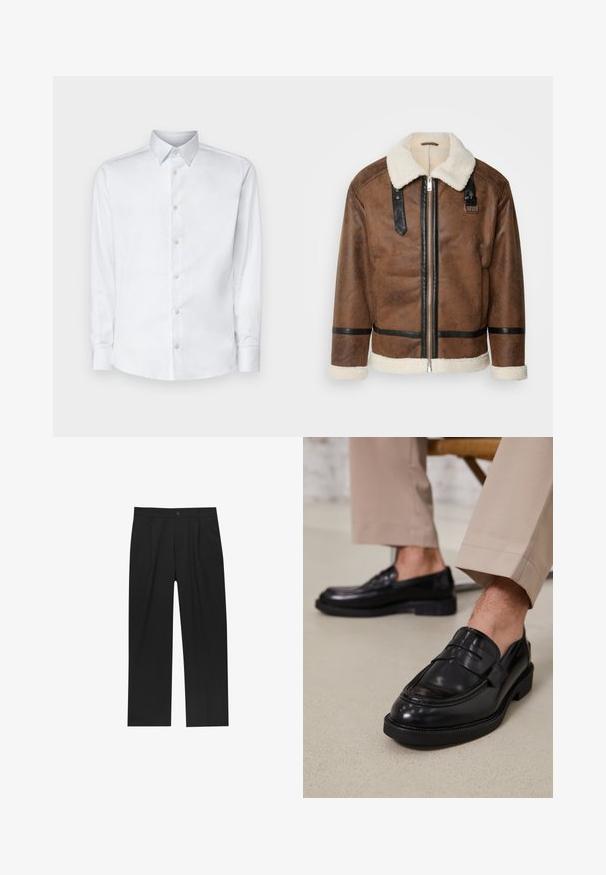 Bruineleren jas met zwarte accenten en een schapenvachtkraag. Heeft een rits aan de voorkant en schouderbanddetails. Gestructureerde afwerking.; Witte lange mouw shirt gemaakt van gladde stof, met een klassieke kraag, knoopsluiting en manchetten met knopen, gepresenteerd tegen een effen achtergrond.; Zwarte broeken met een recht model, gemaakt van een gladde stof. Voorzien van een voorplooien en een enkele knoopsluiting bij de taille.; Zwarte leren loafers met een gladde afwerking, voorzien van een decoratieve band en contrasterende stiksels, gecombineerd met beige broeken.