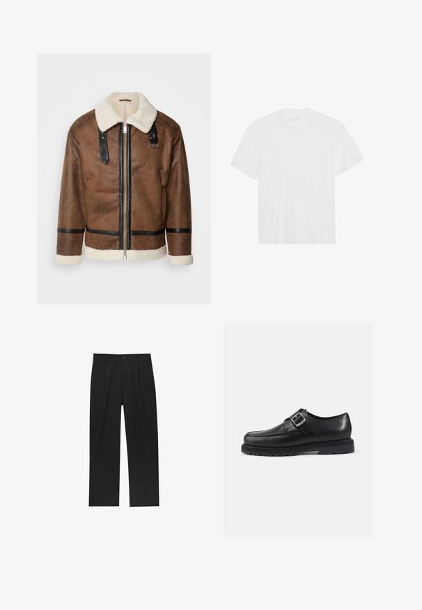 Jachetă din piele maro cu accente negre și guler din blană de oaie. Are fermoar frontal și detalii cu curea pe umeri. Finisaj texturat.; Tricou alb din bumbac, cu mâneci scurte, guler rotund și tiv drept. Textură netedă, design minimal, fără modele sau accente.; Pantaloni negri cu un design drept, fabricați dintr-un material neted. Au plisse în față și un sistem de închidere cu un singur buton la talie.; Pantof iarbă din piele neagră cu o finisare netedă, formă rotundă și detalii cu cataramă argintie. Talpă groasă neagră cu aderență.