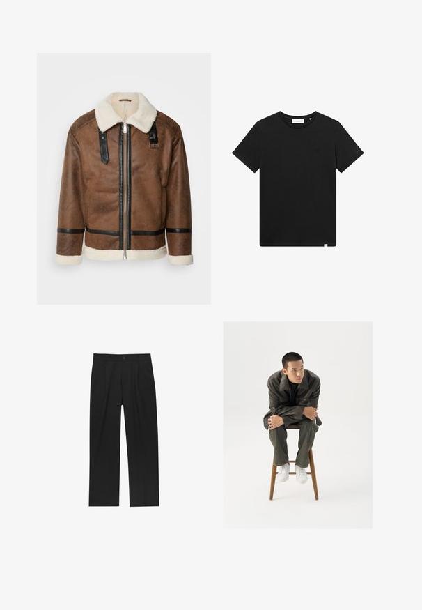 Brun läderjacka med svarta accenter och en fårskinnskrage. Har en frontdragkedja och axelremmar. Texturerad yta.; Svart kortärmad T-shirt i bomull, med rund hals och en liten logotyp broderad på bröstet. Slät textur, standard passform.; Svarta byxor med rak ben-design, tillverkade av ett jämnt tyg. Har framfickor och en enkel knapplåsning i midjan.; Brun läderjacka med en bred krage, kombinerad med mörkgröna jeans och vita sneakers. Modellen sitter på en träpall.