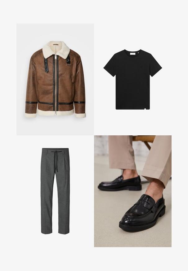 Giacca in pelle marrone con dettagli neri e colletto in pelliccia. Caratterizzata da una cerniera frontale e dettagli sulle spalle. Finitura testurizzata.; T-shirt nera a maniche corte in cotone, con scollatura rotonda e un piccolo logo ricamato sul petto. Tessuto liscio, vestibilità standard.; Pantaloni grigi su misura con un motivo testurizzato, dotati di vita con elastico e due tasche laterali. Design a gamba dritta, senza risvolti.; Mocassini in pelle nera con finitura liscia, dotati di una cintura decorativa e cuciture a contrasto, abbinati a pantaloni beige.