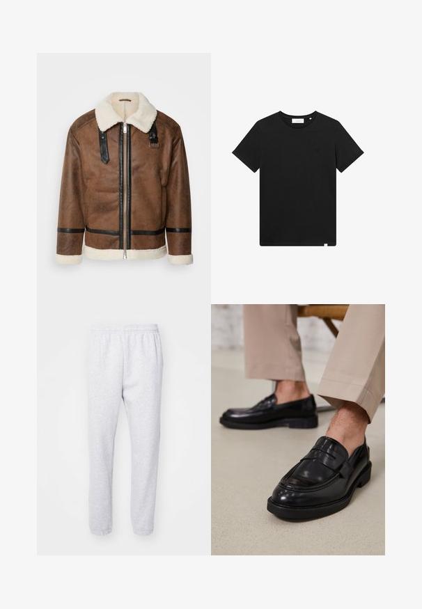 Ruskea nahkatakki mustilla yksityiskohdilla ja lämmittävällä karvatäkilla. Varustettu edessä vetoketjulla ja olkapäähihnalla. Rakenteellinen pinta.; Lyhythihaine musta T-paita, joka on valmistettu puuvillasta. Paidassa on pyöreä pääntie ja pieni brodeerattu logo rinnassa. Sujuva rakenne, normaali istuvuus.; Vaaleanharmaat dressipöksyt, jotka on valmistettu pehmeästä puuvillasekoitteesta. Niissä on joustava vyötärö ja tiukat resorit nilkoissa. Ei näkyviä kuvioita tai logoja.; Musta nahkakengät, joissa on sileä pinta, koristetasku ja kontrastisomistus, yhdistettynä vaaleanbeigeihin housuihin.