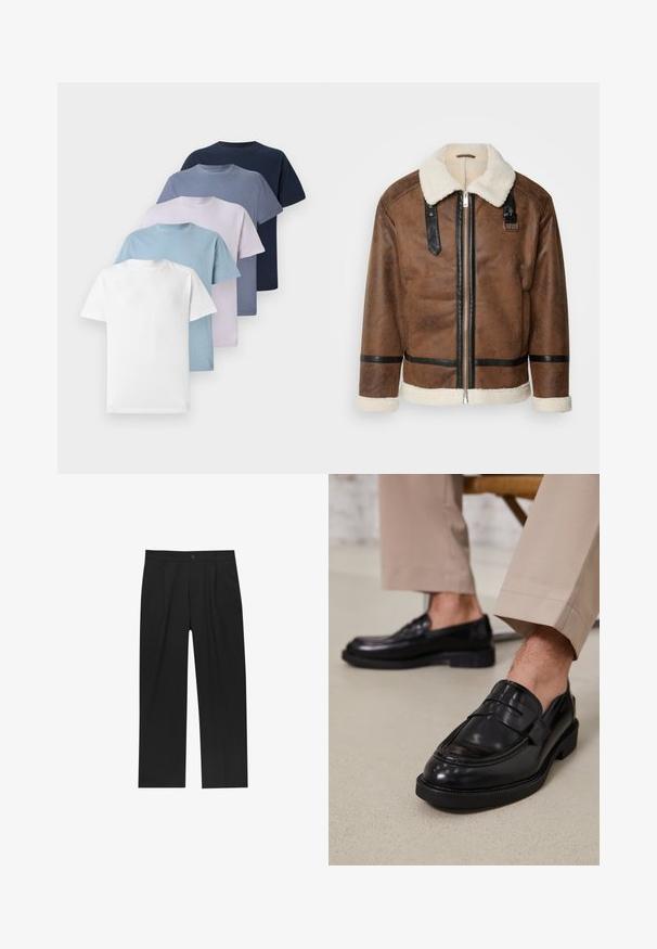 Giacca in pelle marrone con dettagli neri e colletto in pelliccia. Caratterizzata da una cerniera frontale e dettagli sulle spalle. Finitura testurizzata.; Cinque t-shirt a girocollo di colori diversi: bianco, azzurro, lilla, blu scuro e blu navy. Realizzati in cotone con maniche corte.; Pantaloni neri con un design a gamba dritta, realizzati in un tessuto liscio. Presentano pieghe frontali e una chiusura a un bottone in vita.; Mocassini in pelle nera con finitura liscia, dotati di una cintura decorativa e cuciture a contrasto, abbinati a pantaloni beige.