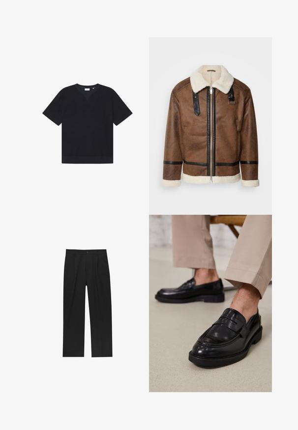 Hnedá kožená bunda s čiernymi akcentmi a ovčím golierom. Má predný zips a detaily na ramene. Štruktúrovaný povrch.; Čierne tričko s krátkym rukávom vyrobené z textúrovaného materiálu, s okrúhlym výstrihom a rovnými okrajmi. Bez viditeľných vzorov alebo akcentov.; Čierne nohavice s rovnými nohavicami, vyrobené z hladkej tkaniny. Majú predné puky a jediné gombíkové zapínanie v páse.; Čierne kožené poltopánky s hladkým povrchom, so zdobným remienkom a kontrastným prešívaním, skombinované s béžovými nohavicami.