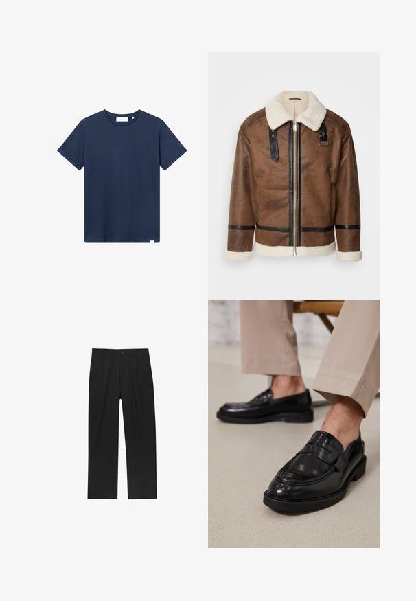 Barna bőrkabát fekete díszítéssel és báránybőr gallérral. Elülső cipzárral és vállpánt részletekkel rendelkezik. Griffes felület.; Tengerészkék pamut póló, kerek nyakkal, rövid ujjakkal, és egy kis hímzett logóval a bal mellen. Sima textúra.; Fekete nadrág egyenes szárú kialakítással, sima anyagból készült. Elöl redők és egy gombos záródás található a derékon.; Fekete bőr loaferek sima felülettel, díszítő pánttal és kontrasztos varrással, bézs nadrággal párosítva.