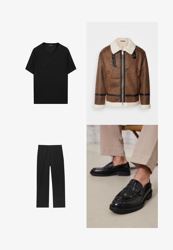 Hnědá kožená bunda s černými akcenty a límcem z ovčí vlny. Obsahuje přední zip a detaily na ramenním popruhu. Texturovaný povrch.; Černé tričko s krátkým rukávem vyrobené z hladké bavlny. Obsahuje kulatý výstřih a rovný lem. Jednoduchý, jednobarevný design bez vzorů či akcentů.; Černé kalhoty s rovnými nohavicemi, vyrobené z hladké tkaniny. Mají přední záhyby a jedno knoflíkové zapínání v pase.; Černé kožené loafers s hladkým povrchem, zdobené páskem a kontrastním prošíváním, spárované s béžovými kalhotami.