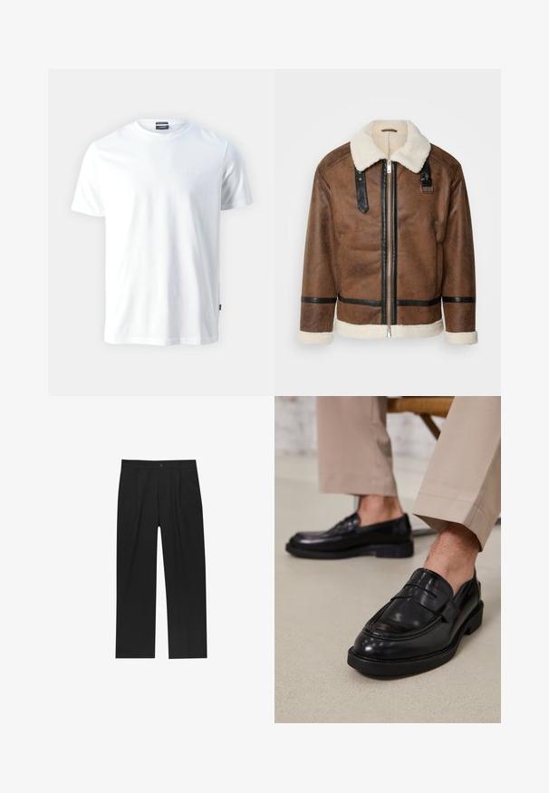 Bruineleren jas met zwarte accenten en een schapenvachtkraag. Heeft een rits aan de voorkant en schouderbanddetails. Gestructureerde afwerking.; Witte katoenen T-shirt met ronde hals en korte mouwen, voorzien van een subtiel geperst "Joop!" logo op de borst en een rechte zoom.; Zwarte broeken met een recht model, gemaakt van een gladde stof. Voorzien van een voorplooien en een enkele knoopsluiting bij de taille.; Zwarte leren loafers met een gladde afwerking, voorzien van een decoratieve band en contrasterende stiksels, gecombineerd met beige broeken.
