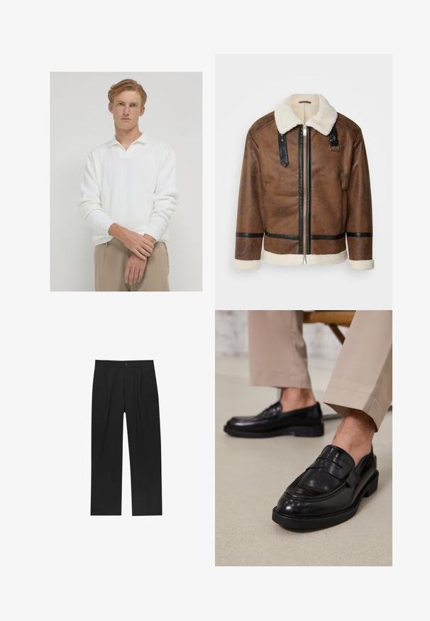 Giacca in pelle marrone con dettagli neri e colletto in pelliccia. Caratterizzata da una cerniera frontale e dettagli sulle spalle. Finitura testurizzata.; Calliope Polo - bianco; Pantaloni neri con un design a gamba dritta, realizzati in un tessuto liscio. Presentano pieghe frontali e una chiusura a un bottone in vita.; Mocassini in pelle nera con finitura liscia, dotati di una cintura decorativa e cuciture a contrasto, abbinati a pantaloni beige.