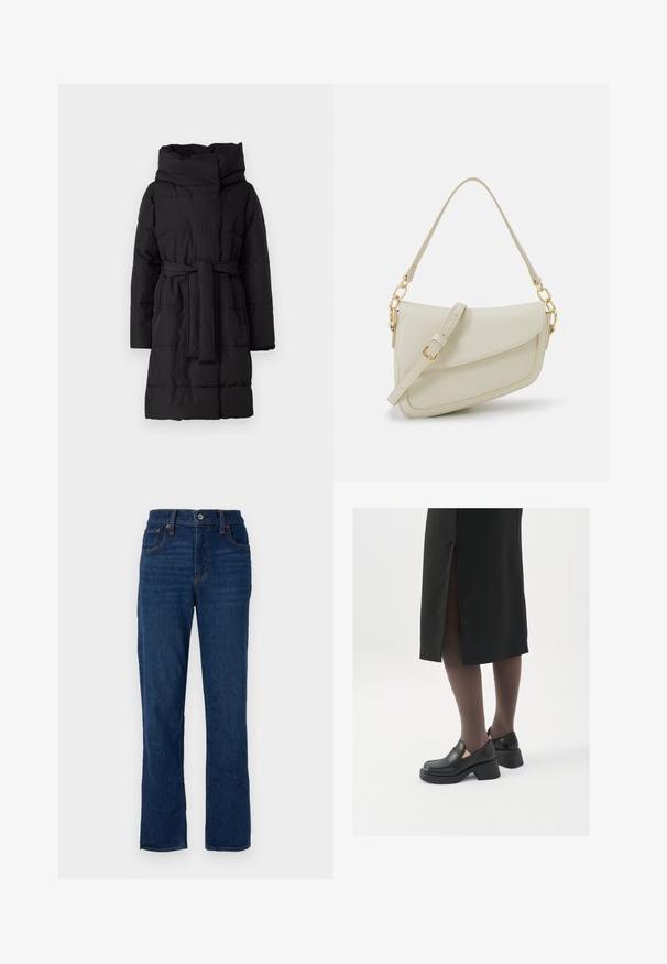 Crna podstavljena jakna s velikim kapuljačom, remenom u struku i dugim rukavima. Sadrži horizontalne šavove i glatku, mat teksturu.; Bijela majica bez rukava napravljena od rebraste tkanine, s okruglim izrezom i uklapajućim siluetom, s minimalnim šavovima i bez ukrasa.; Tamno plave traperice ravnog kroja s pet džepova, narančastim koncem i kopčanjem na pojasu.; Crne kožne cipele s zaobljenim vrhom, debelim blok petama i elastičnim bočnim detaljima, uparene s tamnim čarapama i crnom suknjom s prorezom.; Mala krem torbica s teksturiranim finišom, dugačkim podesivim remenom, lančanim detaljem i preklopom. Zlaćani hardver.