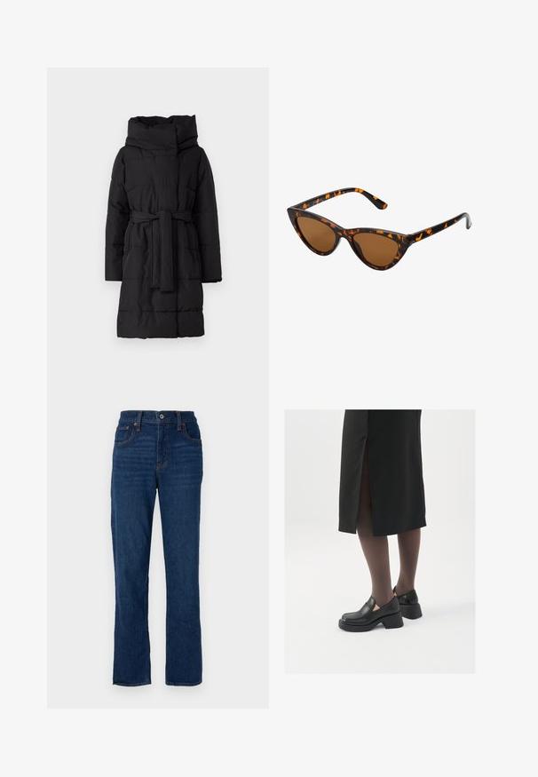 Crna podstavljena jakna s velikim kapuljačom, remenom u struku i dugim rukavima. Sadrži horizontalne šavove i glatku, mat teksturu.; Bijela majica bez rukava napravljena od rebraste tkanine, s okruglim izrezom i uklapajućim siluetom, s minimalnim šavovima i bez ukrasa.; Tamno plave traperice ravnog kroja s pet džepova, narančastim koncem i kopčanjem na pojasu.; Crne kožne cipele s zaobljenim vrhom, debelim blok petama i elastičnim bočnim detaljima, uparene s tamnim čarapama i crnom suknjom s prorezom.; Sunglasses u obliku mačjih očiju s okvirom u crno-narančastom kornjačevom uzorku, smešnim lećama i elegatnim, šiljastim vrhovima. Sadrži minimalni logo na dršci.