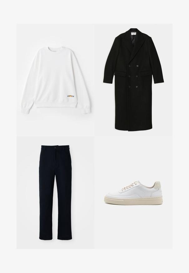 Filippa K DOUBLE BREASTED - Klassisk kappa / rock - black; Vit sweatshirt med rund halsringning, ribbade ärmslut och fåll. Har "ASPESI" logotyp i svart och gult på nedre vänstra sidan. Mjuk textur.; Mörkblå bomullsbyxor med rak bendesign, frontknappstängning och klassisk midja med bälteshällor.; Vit sneaker med en slät läderöverdel, beige snören och en strukturerad beige mocka hälflik. Förhöjd sula för extra höjd.