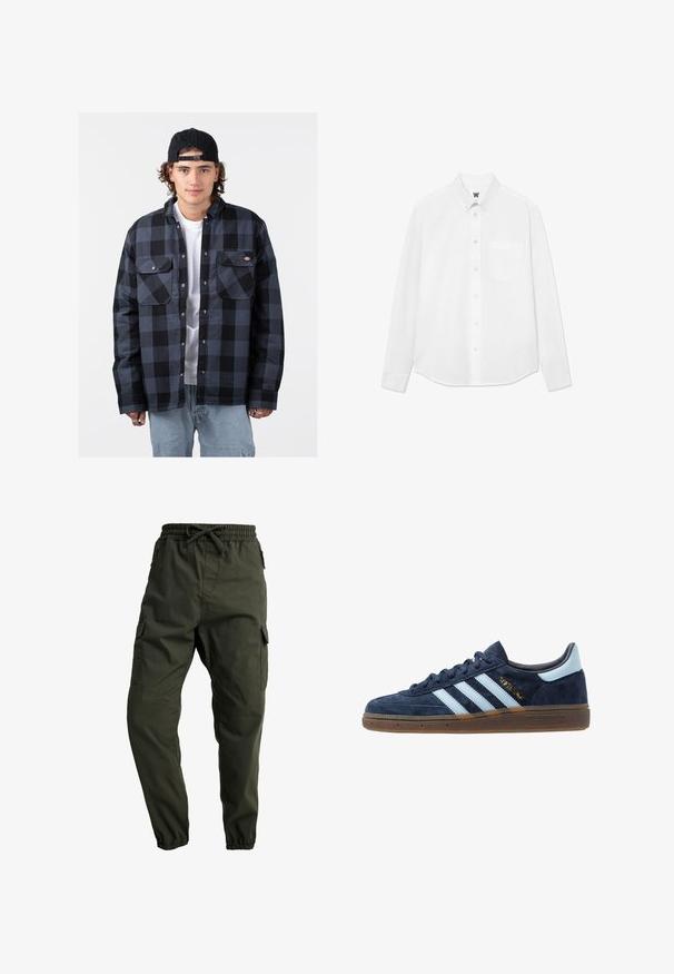 Black and gray checkered flannel shirt with two chest pockets, snap-button closure, and a relaxed fit. Worn over a white t-shirt.; White long-sleeve button-up shirt with a collar, front pocket, and subtle texture. Front placket features buttons and a small logo detail.; Carhartt WIP JOGGER COLUMBIA - Cargo trousers - cypress rinsed; Navy blue suede Adidas sneaker with light blue stripes, gum sole, light blue heel tab, and gold "Spezial" branding on the side.