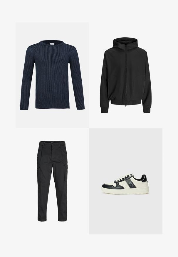 Mustmust kapuutsi ja lukuga, raglan varrukad, küljetaskud ja elastsed mansetid. Valmistatud siledast kangast, lõdva lõikega.; Tumesinine ribakudumisega kootud sviiter pikade varrukatega, ümar kaelus ja tekstuuriga muster. Valmistatud pehmest kangast, omades sihvakad siluetti.; Mustad mustapõlvik, mis on valmistatud tugeva koe kasutades, sisaldab mitmeid taskuid, nupule kinnitatav sulgemine ja kitsenev disain.; Nahatud nahkkingad musta ja kreemi värviskeemiga, millel on perforeeritud aktsendid, pehme krae ja tekstureeritud tallad.