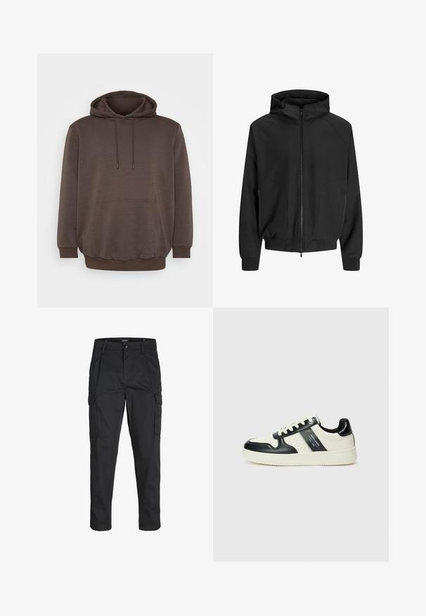 Svart huva jacka med dragkedja framtill, raglanärmar, sidofickor och elastiska manschetter. Tillverkad av ett slätt tyg med lös passform.; Brun hoodie av mjukt material, med en framficka, snoddar och ribbade muddar och fåll. Enkelt design utan mönster.; Svarta cargobyxor tillverkade av hållbart tyg, med flera fickor, knappstängning och en smal passform med avsmalnande ben.; Läder sneakers med en svart och krämfärgad färgsättning, med perforerade detaljer, en vadderad krage och en strukturerad yttersula.