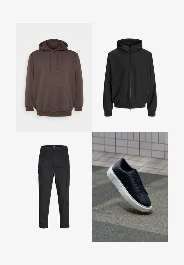 Crna kapuljača jakna s patentnim zatvaračem sprijeda, raglan rukavima, bočnim džepovima i elastičnim manžetama. Napravljena od glatkog materijala s slobodnim krojem.; Smeđa dukserica izrađena od mekog materijala, s prednjim džepom, vezicama i rebrastim manžetama i rubom. Jednostavan dizajn bez uzoraka.; Crne cargo hlače izrađene od čvrstog materijala, s brojnim džepovima, kopčanjem na gumb i dizajnom koji pomaže da se prilagode tijelu sa suženim nogavicama.; Crne kožne tenisice s zaobljenim vrhom i bijelim gumiranim potplatom. Imaju ravne vezice i minimalno šivanje na gornjem dijelu. Teksturirani potplat za bolje prianjanje.