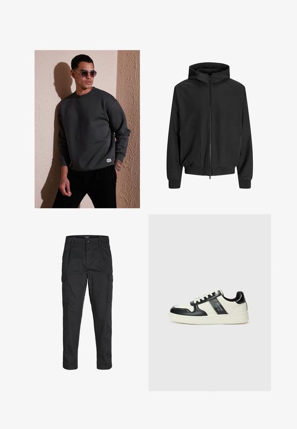 Fekete kapucnis dzseki, elől cipzárral, raglán ujjak, oldalsó zsebek és rugalmas mandzsetták. Sima anyagból készült, laza fazonú.; Sötétszürke kapucnis pulóver, amelynek kerek nyaka, bordás mandzsettái és egy kis márkajelzése van a szegélyén, kerek napszemüveggel párosítva.; Fekete cargo nadrág, amely tartós anyagból készült, több zsebet tartalmaz, gombos záródással rendelkezik, és karcsú szabású, szűkített lábakkal bír.; Fekete és krém színű bőrsneaker, perforált díszítésekkel, párnázott bokapánttal és texturált talppal.