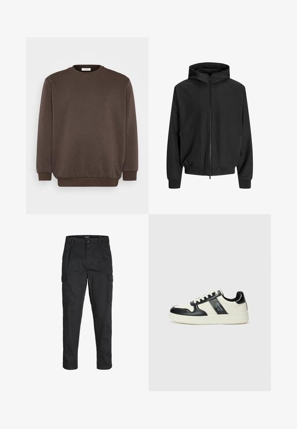 Chaqueta negra con capucha, cremallera frontal, mangas raglán, bolsillos laterales y puños elásticos. Hecha de una tela suave con un corte holgado.; Jack & Jones JJEBRADLEY CREW - Sudadera - mulch; Pantalones cargo negros hechos de tela resistente, que cuentan con múltiples bolsillos, un cierre de botón y un diseño de corte slim con piernas ajustadas.; Zapatillas de cuero con un esquema de colores negro y crema, que cuentan con acentos perforados, un collar acolchado y una suela texturizada.