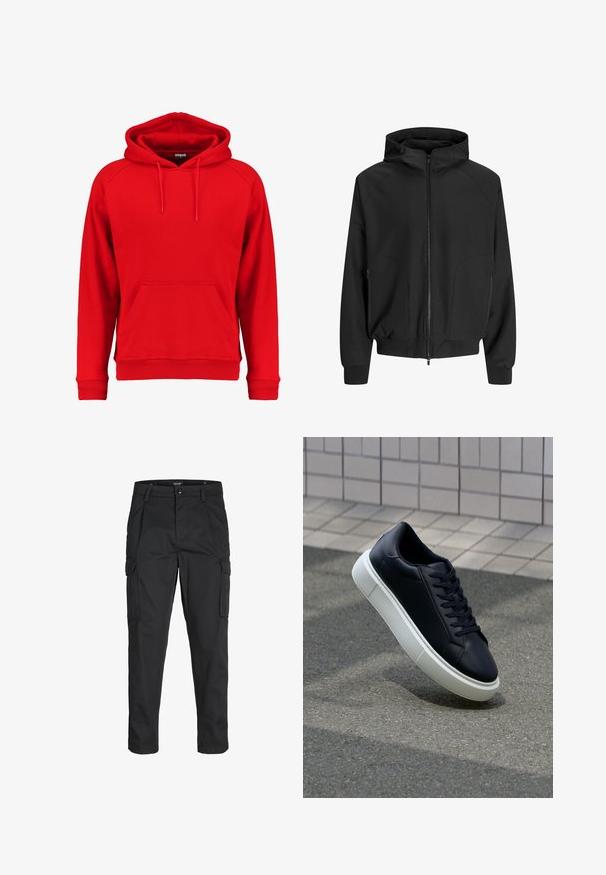 Černá kapucová bunda se zipem vpředu, raglánovými rukávy, bočními kapsami a elastickými manžetami. Vyrobena z hladké látky s volným střihem.; Červená mikina s kapucí vyrobená z měkké látky, s přední kapsou, stahovací šňůrkou a žebrovanými manžetami a lemem. Jednoduchý design bez viditelných log.; Černé cargo kalhoty vyrobené z odolné tkaniny, s mnoha kapsami, knoflíkovým zapínáním a slim fit střihem se zúženými nohavicemi.; Černé kožené tenisky s kulatou špičkou a bílou gumovou podrážkou. mají ploché tkaničky a minimální šití na svršku. Texturovaná podrážka pro lepší přilnavost.