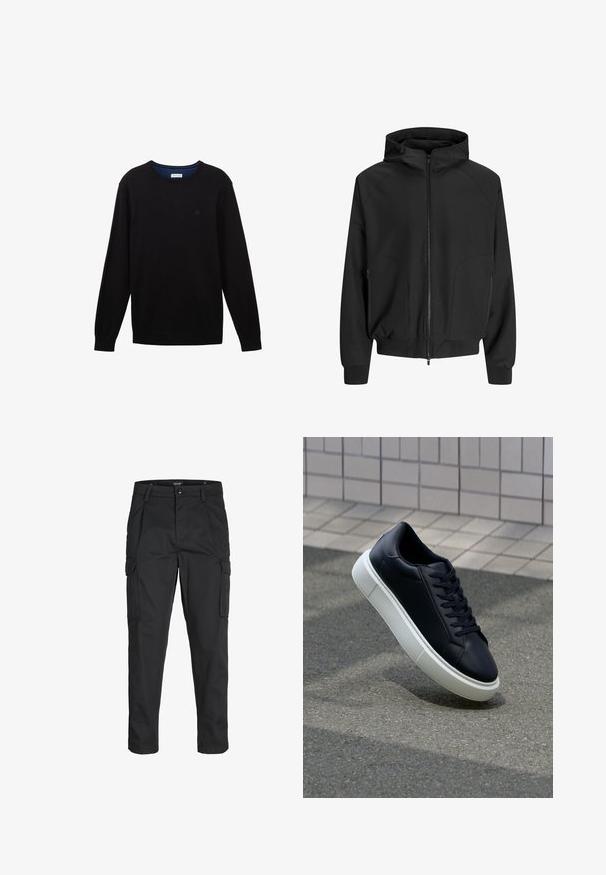 Fekete kapucnis dzseki, elől cipzárral, raglán ujjak, oldalsó zsebek és rugalmas mandzsetták. Sima anyagból készült, laza fazonú.; Fekete kötött pulóver hosszú ujjal, bordás gallérral, mandzsettákkal és alsó szegéllyel. Diszkrét logó található a mellkasán, a nyak belseje pedig kék színű.; Fekete cargo nadrág, amely tartós anyagból készült, több zsebet tartalmaz, gombos záródással rendelkezik, és karcsú szabású, szűkített lábakkal bír.; Fekete bőr sportcipő lekerekített orral és fehér gumitalppal. Lapos fűzőkkel és minimális varrásokkal rendelkezik a felsőrészén. Mintás talp a tapadásért.