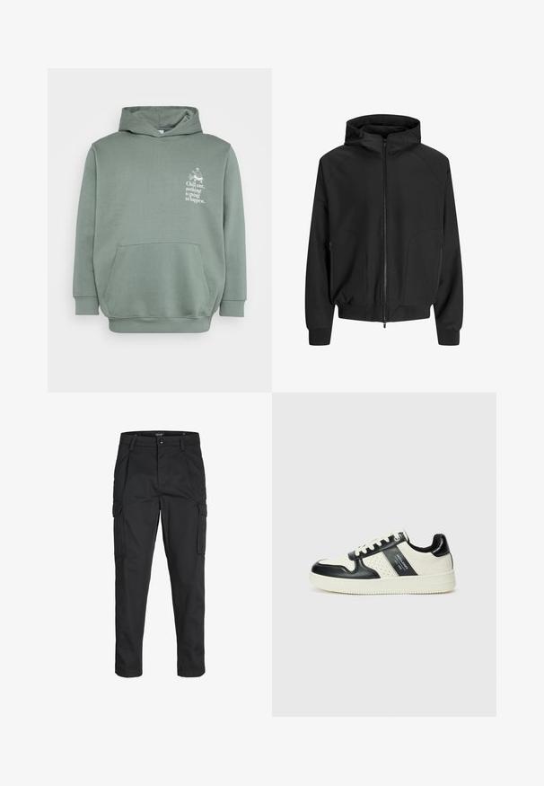 Čierna kapucňová bunda so zipsom vpredu, raglánovými rukávmi, bočnými vreckami a elastickými manžetami. Vyrobená z hladkej tkaniny s voľným strihom.; Svetlozelená mikina s kapucňou vyrobená z mäkkej látky. Má predné vrecko, kapucňu so sťahovacou šnúrkou a potlačený text s grafickým dizajnom na hrudi.; Čierne cargo nohavice z odolnej látky, s viacerými vreckami, gombíkovým zapínaním a úzkym strihom so zúženými nohavicami.; Kožené tenisky v čierno-krémovej farbe, s perforovanými akcentmi, polstrovaným golierom a štruktúrovanou podrážkou.