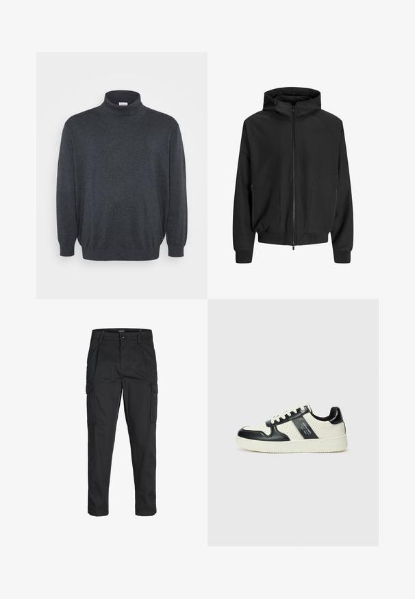 Sort hættejakke med lynlås foran, raglanærmer, sidelommer og elastiske manchetter. Lavet af et glat stof med en løs pasform.; Jack & Jones JJEBASIC ROLL NECK - Striktrøje - dark grey melange; Sorte cargo-bukser lavet af slidstærkt stof, der har flere lommer, en knaplukning og et slim fit design med smalle ben.; Lædersneakers i sort og creme farveskema, med perforerede detaljer, en polstret krave og en struktureret ydersål.