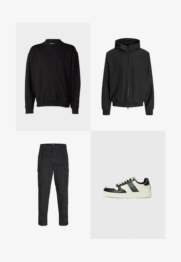 Zwarte hoodiejack met rits aan de voorkant, raglanmouwen, zijzakken en elastische manchetten. Gemaakt van een soepele stof met een losse pasvorm.; Zwarte sweatshirt met een hoge, geribbelde kraag, lange mouwen en een relaxte pasvorm. Zachte textuur met geribbelde manchetten en onderrand.; Zwarte cargobroek van stevig stof, met meerdere zakken, een knoopsluiting en een slim fit ontwerp met taps toelopende benen.; Leren sneakers met een zwart en crèmekleurig kleurenschema, voorzien van geperforeerde accenten, een gevoerde kraag en een gestructureerde buitenzool.