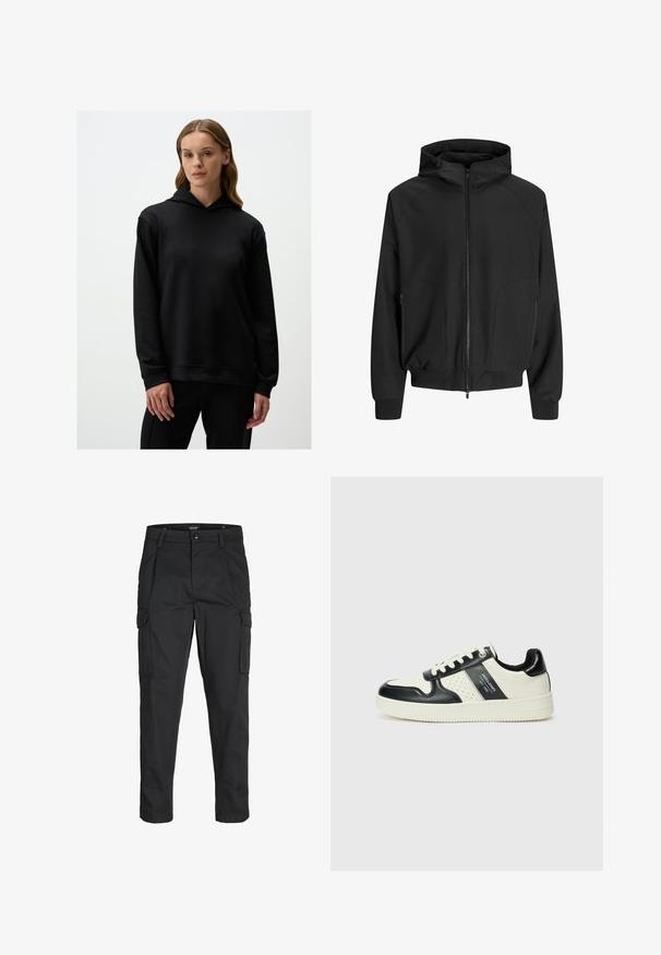 Giacca nera con cappuccio, apertura con zip, maniche raglan, tasche laterali e polsini elastici. Realizzata in tessuto morbido con una vestibilità ampia.; Felpa nera con una texture morbida, dotata di cappuccio con cordino, maniche lunghe e vestibilità rilassata. I dettagli includono orlo e polsini a coste.; Pantaloni cargo neri realizzati in un tessuto resistente, dotati di molteplici tasche, chiusura con bottone e un design aderente con gambe affusolate.; Sneakers in pelle con una combinazione di colori nero e crema, dotati di dettagli perforati, collare imbottito e suola testurizzata.