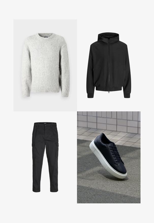 Chaqueta negra con capucha, cremallera frontal, mangas raglán, bolsillos laterales y puños elásticos. Hecha de una tela suave con un corte holgado.; Jack & Jones JCOREFLEX FUZZY CREW NECK - Jersey de punto - light grey melange; Pantalones cargo negros hechos de tela resistente, que cuentan con múltiples bolsillos, un cierre de botón y un diseño de corte slim con piernas ajustadas.; Zapatilla de cuero negro con punta redonda y suela de goma blanca. Presenta cordones planos y un mínimo de costuras en la parte superior. Suela texturizada para proporcionar agarre.