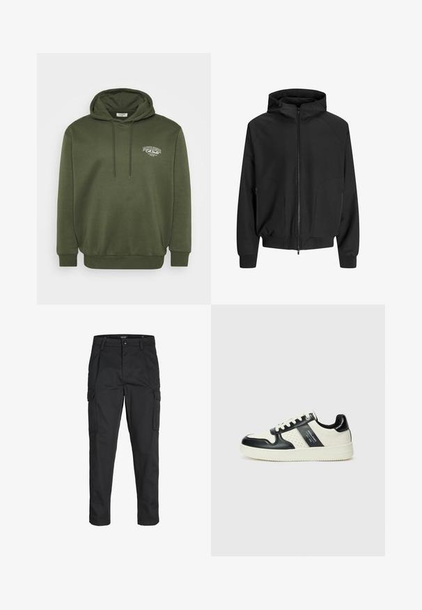 Black hooded jacket with a zip front, raglan sleeves, side pockets, and elastic cuffs. Made from smooth fabric with a loose fit.; Olive green hoodie made of cotton blend fabric, featuring a front kangaroo pocket, drawstring hood, and white logo embroidery on the chest.; Black cargo pants made of sturdy fabric, featuring multiple pockets, a button closure, and a slim fit design with tapered legs.; Leather sneakers with a black and cream color scheme, featuring perforated accents, a padded collar, and a textured outsole.