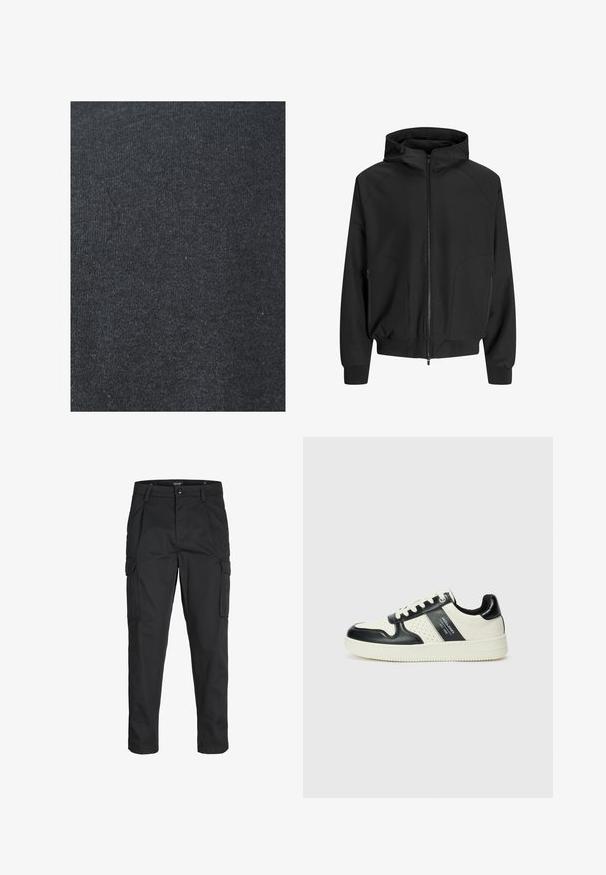 Crna kapuljača jakna s patentnim zatvaračem sprijeda, raglan rukavima, bočnim džepovima i elastičnim manžetama. Napravljena od glatkog materijala s slobodnim krojem.; Crni pamučni materijal s glatkom teksturom, koji ima dosljedan uzorak pletenja bez vidljivih ukrasa ili detalja od hardvera.; Crne cargo hlače izrađene od čvrstog materijala, s brojnim džepovima, kopčanjem na gumb i dizajnom koji pomaže da se prilagode tijelu sa suženim nogavicama.; Kožne tenisice s crno-bijelom paletom boja, koje imaju perforirane akcentne detalje, podstavljeni ovratnik i teksturiranu potplat.