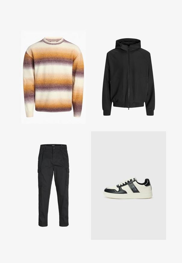 Black hooded jacket with a zip front, raglan sleeves, side pockets, and elastic cuffs. Made from smooth fabric with a loose fit.; Redefined Rebel JOSEPH BOXY FIT - Jumper - caramel cafe; Black cargo pants made of sturdy fabric, featuring multiple pockets, a button closure, and a slim fit design with tapered legs.; Leather sneakers with a black and cream color scheme, featuring perforated accents, a padded collar, and a textured outsole.