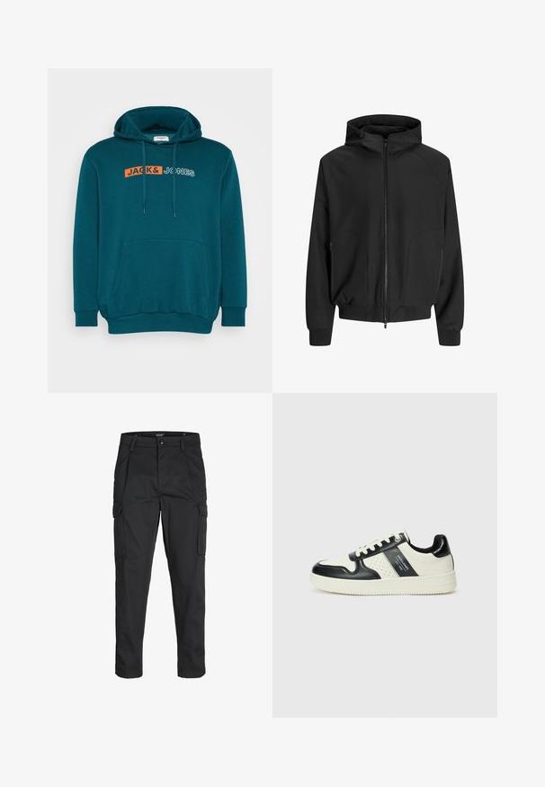 Giacca nera con cappuccio, apertura con zip, maniche raglan, tasche laterali e polsini elastici. Realizzata in tessuto morbido con una vestibilità ampia.; Jack & Jones JJECORP LOGO HOOD PLAY - Felpa con cappuccio - deep teal; Pantaloni cargo neri realizzati in un tessuto resistente, dotati di molteplici tasche, chiusura con bottone e un design aderente con gambe affusolate.; Sneakers in pelle con una combinazione di colori nero e crema, dotati di dettagli perforati, collare imbottito e suola testurizzata.