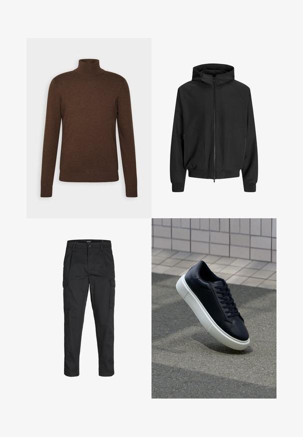 Jachetă neagră cu glugă și fermoar pe față, cu mâneci raglan, buzunare laterale și manșete elastice. Fabricată dintr-un material neted, cu o croială lejeră.; Pulover călduros, de culoare maro, confecționat dintr-un material moale, cu mâneci lungi, design ajustat și detalii cu nervuri la guler și la tiv.; Pantaloni cargo negri dintr-un material rezistent, cu multiple buzunare, închidere cu nasture și un design slim fit cu picioare conice.; Tenis cu piele neagră, cu vârful rotund și talpă din cauciuc alb. Are șireturi plate și cusături minime pe suprafață. Tălpile texturate oferă aderență.