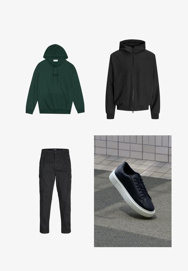 Melnā kapuce ar rāvējslēdzēju, raglāna piedurknēm, sānu kabatām un elastīgām aprocēm. Izgatavota no gludas auduma ar brīvu piegriezumu.; Pier One Ikdienas džemperis - pine grove; Melnas kravas bikses, izgatavotas no izturīga auduma, ar vairākiem kabatām, pogu aizdari un šaura piegriezuma dizainu ar sašaurinātiem kāju apakšiem.; Melnas ādas kedas ar noapaļotu pirkstu un baltu gumijas zoli. Iespējas - plakanas šņorītes un minimāla apdare augšdaļā. Struktūrēta zole, lai nodrošinātu saķeri.