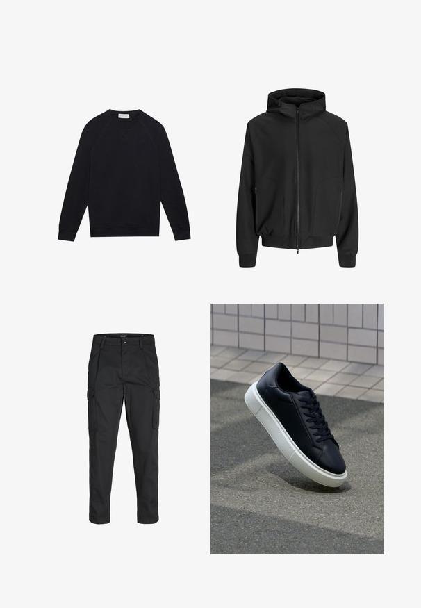 Černá kapucová bunda se zipem vpředu, raglánovými rukávy, bočními kapsami a elastickými manžetami. Vyrobena z hladké látky s volným střihem.; Černá mikina s dlouhým rukávem a kulatým výstřihem, s žebrovanými manžetami a spodním lemem, viditelnými švy a malou bílou nášivkou značky uvnitř výstřihu.; Černé cargo kalhoty vyrobené z odolné tkaniny, s mnoha kapsami, knoflíkovým zapínáním a slim fit střihem se zúženými nohavicemi.; Černé kožené tenisky s kulatou špičkou a bílou gumovou podrážkou. mají ploché tkaničky a minimální šití na svršku. Texturovaná podrážka pro lepší přilnavost.