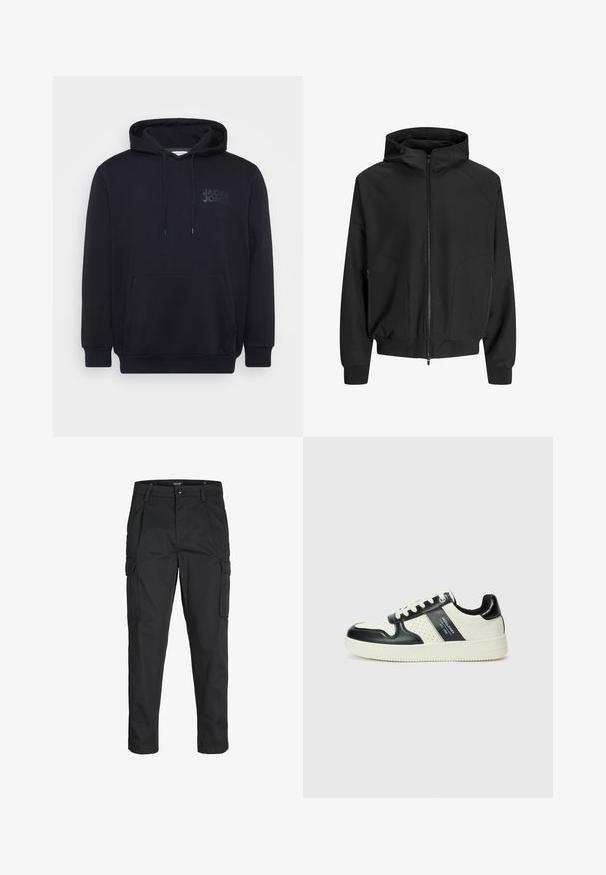 Fekete kapucnis dzseki, elől cipzárral, raglán ujjak, oldalsó zsebek és rugalmas mandzsetták. Sima anyagból készült, laza fazonú.; Fekete kapucnis pulcsi pamutkeverékből, elöl kenguruzsebbel, húzózsinóros kapucnival és diszkrét logóval a mellrészen.; Fekete cargo nadrág, amely tartós anyagból készült, több zsebet tartalmaz, gombos záródással rendelkezik, és karcsú szabású, szűkített lábakkal bír.; Fekete és krém színű bőrsneaker, perforált díszítésekkel, párnázott bokapánttal és texturált talppal.
