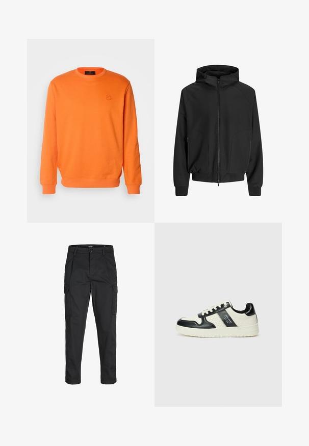 Chaqueta negra con capucha, cremallera frontal, mangas raglán, bolsillos laterales y puños elásticos. Hecha de una tela suave con un corte holgado.; Sudadera naranja de algodón con cuello redondo, mangas largas y puños acanalados. Presenta un pequeño logotipo en relieve en el pecho.; Pantalones cargo negros hechos de tela resistente, que cuentan con múltiples bolsillos, un cierre de botón y un diseño de corte slim con piernas ajustadas.; Zapatillas de cuero con un esquema de colores negro y crema, que cuentan con acentos perforados, un collar acolchado y una suela texturizada.
