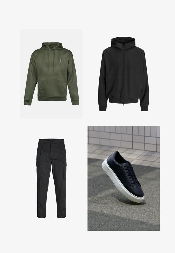 Zwarte hoodiejack met rits aan de voorkant, raglanmouwen, zijzakken en elastische manchetten. Gemaakt van een soepele stof met een losse pasvorm.; Olijfgroene hoodie met een gewatteerde textuur, een centrale kangoeroezak en een klein geborduurd logo op de borst. Verstelbare koordkap.; Zwarte cargobroek van stevig stof, met meerdere zakken, een knoopsluiting en een slim fit ontwerp met taps toelopende benen.; Zwarte leren sneaker met een ronde neus en een witte rubberen zool. Voorzien van platte veters en minimale stiksels op het bovenwerk. Textuurrijke zool voor grip.