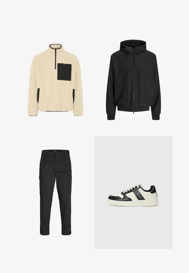 Jachetă neagră cu glugă și fermoar pe față, cu mâneci raglan, buzunare laterale și manșete elastice. Fabricată dintr-un material neted, cu o croială lejeră.; Pulover din fleece în crem cu accente negre. Dispune de un guler cu fermoar până la jumătate, buzunar pe piept și buzunare laterale. Material moale, texturat.; Pantaloni cargo negri dintr-un material rezistent, cu multiple buzunare, închidere cu nasture și un design slim fit cu picioare conice.; Tenisi din piele cu un scheme de culori negru și crem, dotati cu accente perforate, guler căptușit și o talpă texturată.