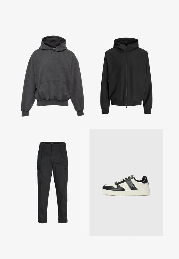 Černá kapucová bunda se zipem vpředu, raglánovými rukávy, bočními kapsami a elastickými manžetami. Vyrobena z hladké látky s volným střihem.; Šedá mikina s kapucí, s klokanní kapsou, žebrovanými manžetami a lemem, a měkkou texturou. Na přední straně se nachází malá vyšitá značka.; Černé cargo kalhoty vyrobené z odolné tkaniny, s mnoha kapsami, knoflíkovým zapínáním a slim fit střihem se zúženými nohavicemi.; Kožené tenisky s černobílou barevnou kombinací, které mají perforované detaily, polstrovaný límec a texturovanou podrážku.