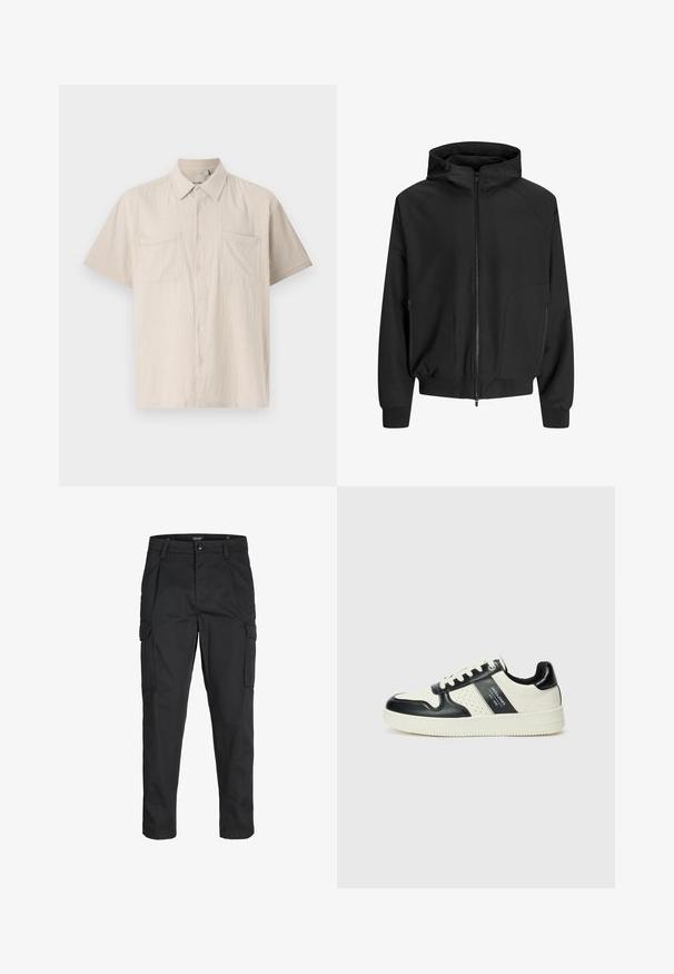 Melnā kapuce ar rāvējslēdzēju, raglāna piedurknēm, sānu kabatām un elastīgām aprocēm. Izgatavota no gludas auduma ar brīvu piegriezumu.; Īsām piedurknēm pogājama krekla gaisā bežā krāsā ar teksturētu audumu, divām priekšējām krūšu kabatām un norādītu apkakli.; Melnas kravas bikses, izgatavotas no izturīga auduma, ar vairākiem kabatām, pogu aizdari un šaura piegriezuma dizainu ar sašaurinātiem kāju apakšiem.; Ādas sporta apavi ar melnbaltu krāsu shēmu, ar perforētiem akcentiem, mīkstinātu apkakli un teksturētu zoli.