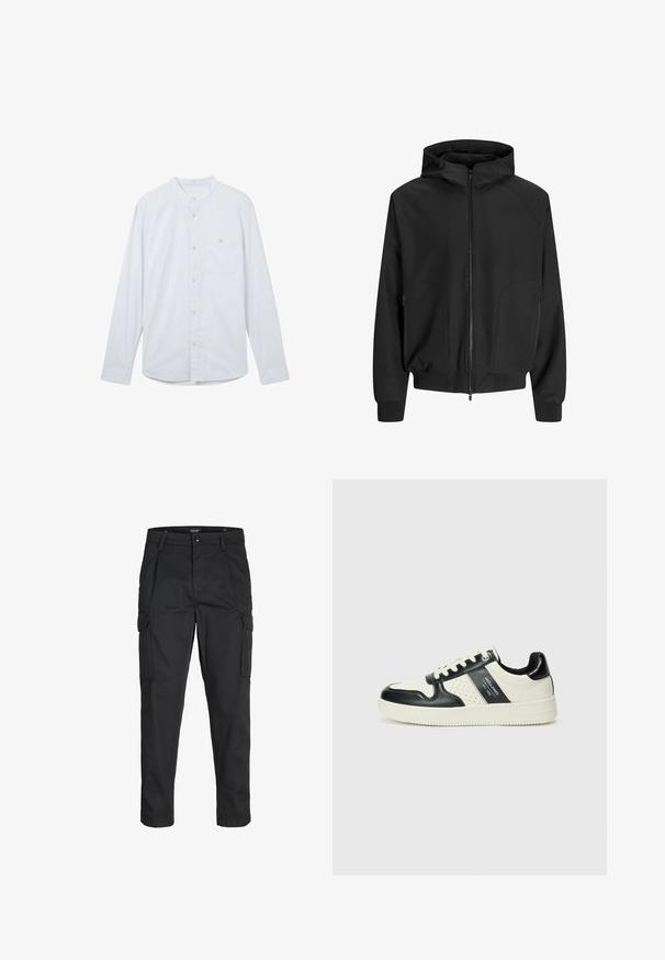 Čierna kapucňová bunda so zipsom vpredu, raglánovými rukávmi, bočnými vreckami a elastickými manžetami. Vyrobená z hladkej tkaniny s voľným strihom.; Svetlomodrá košeľa s dlhým rukávom a mandarínkovým golierom, s predným zapínaním na gombíky a jednou náprsníkovou vreckom na ľavej strane. Vyrobená z textúrovanej tkaniny.; Čierne cargo nohavice z odolnej látky, s viacerými vreckami, gombíkovým zapínaním a úzkym strihom so zúženými nohavicami.; Kožené tenisky v čierno-krémovej farbe, s perforovanými akcentmi, polstrovaným golierom a štruktúrovanou podrážkou.