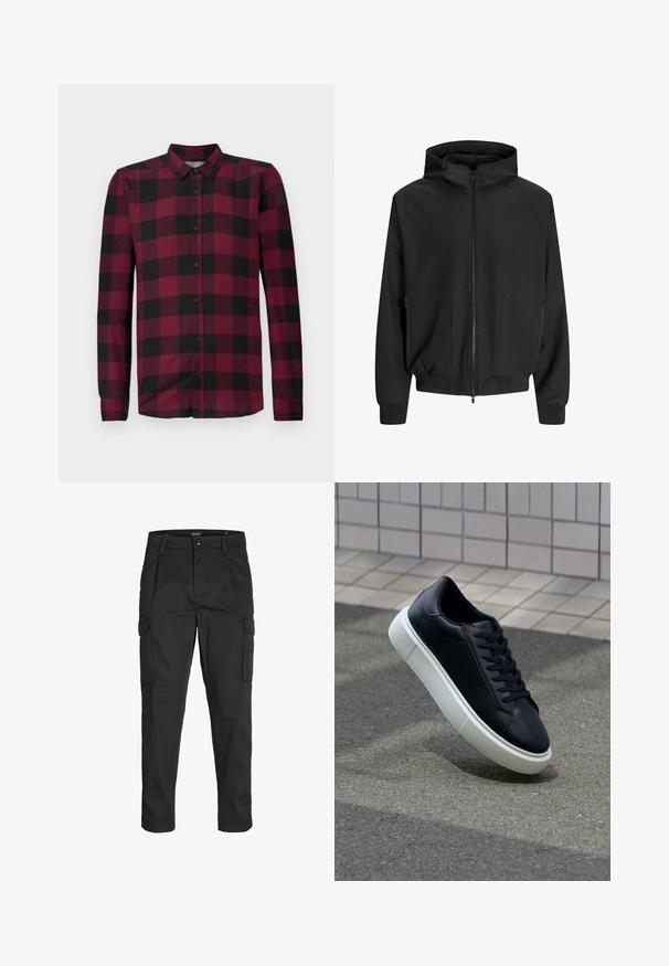 Schwarze Kapuzenjacke mit Reißverschluss, Raglanärmeln, seitlichen Taschen und elastischen Bündchen. Hergestellt aus glattem Stoff mit lockerer Passform.; Langarm-Hemd mit rot-schwarz kariertem Muster, klassischem Kragen und taillierten Manschetten.; Schwarze Cargo-Hose aus robustem Material, mit mehreren Taschen, einem Knopfverschluss und einem Slim-Fit-Design mit schmal zulaufenden Beinen.; Schwarze Leder-Sneaker mit runder Zehenpartie und weißer Gummisohle. Verfügt über flache Schnürsenkel und minimale Nähte im Obermaterial. Strukturiertes Sohlenprofil für besseren Halt.